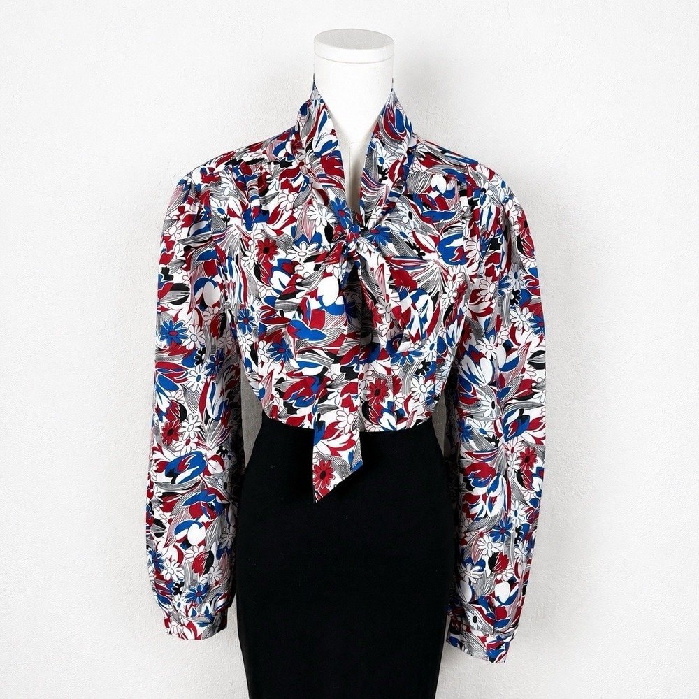 Vintage 70's Burgundy, Blue, And White Secretary Blouse With Neck Bow Size L XL